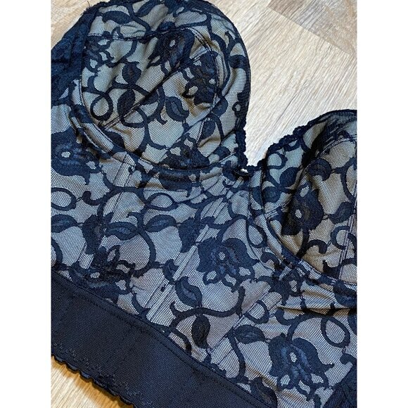 Vintage Black Lace Strapless Bustier With Floral Mesh Design & Underwire 36D - Picture 2 of 8